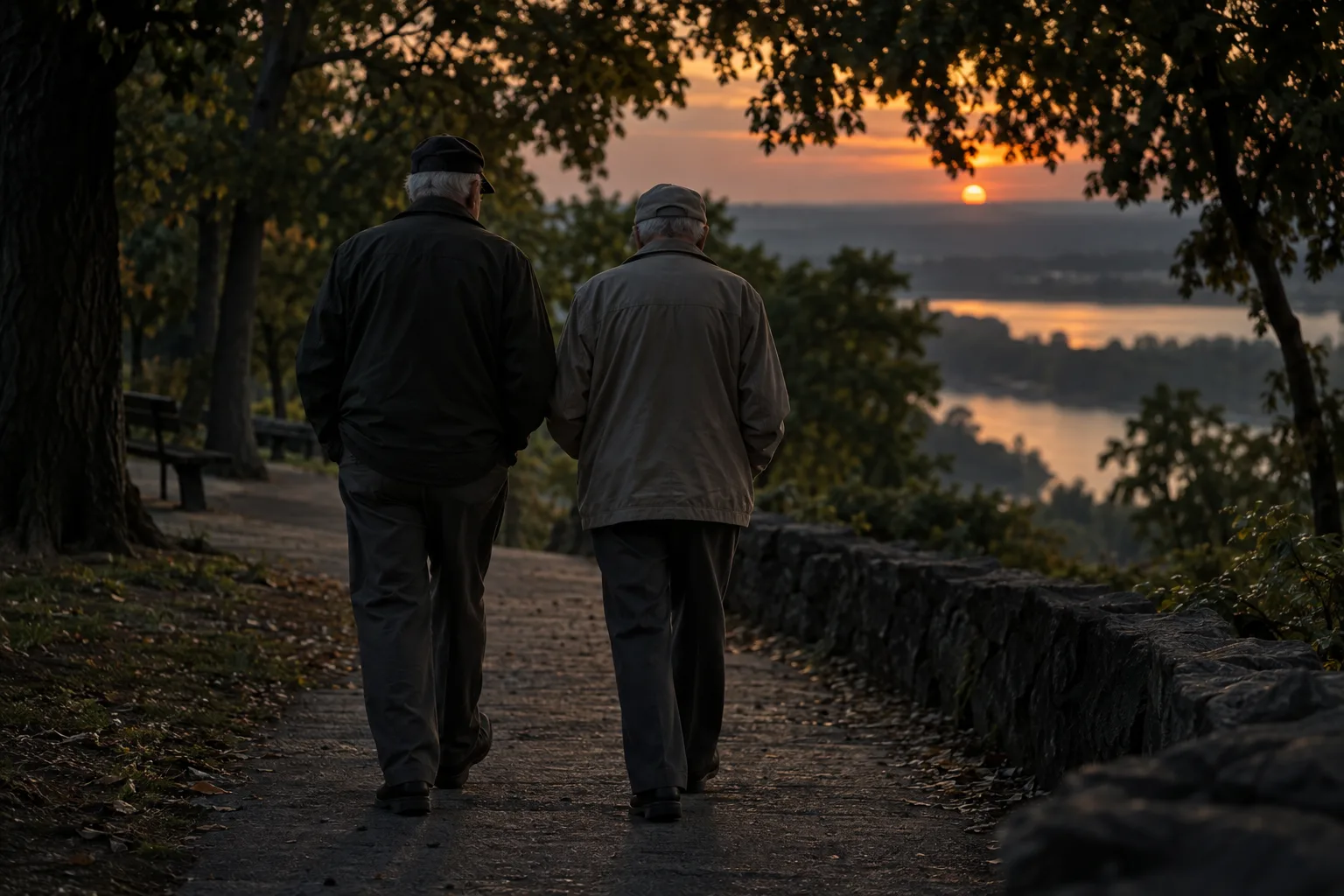 Two veterans seen from behind walking together on a path at dusk