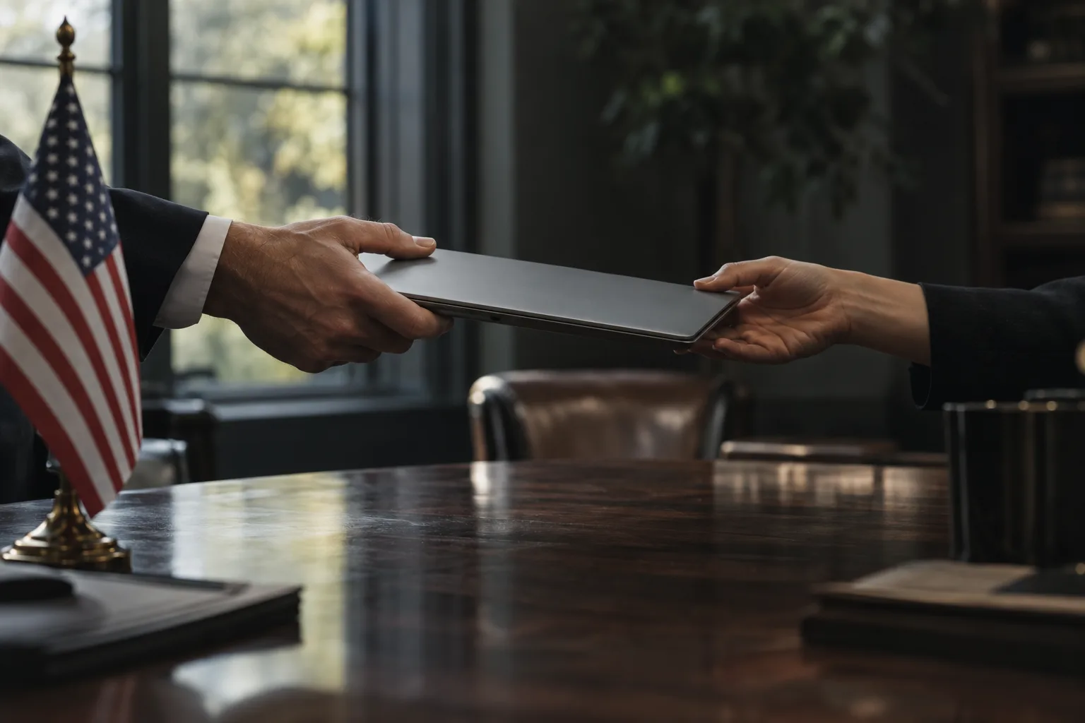 A refurbished laptop being handed across a table