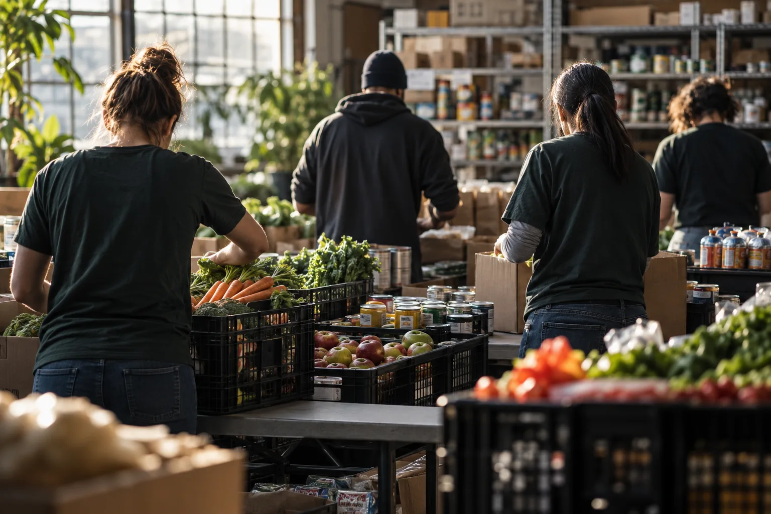 Volunteers seen from behind sorting groceries at a food pantry