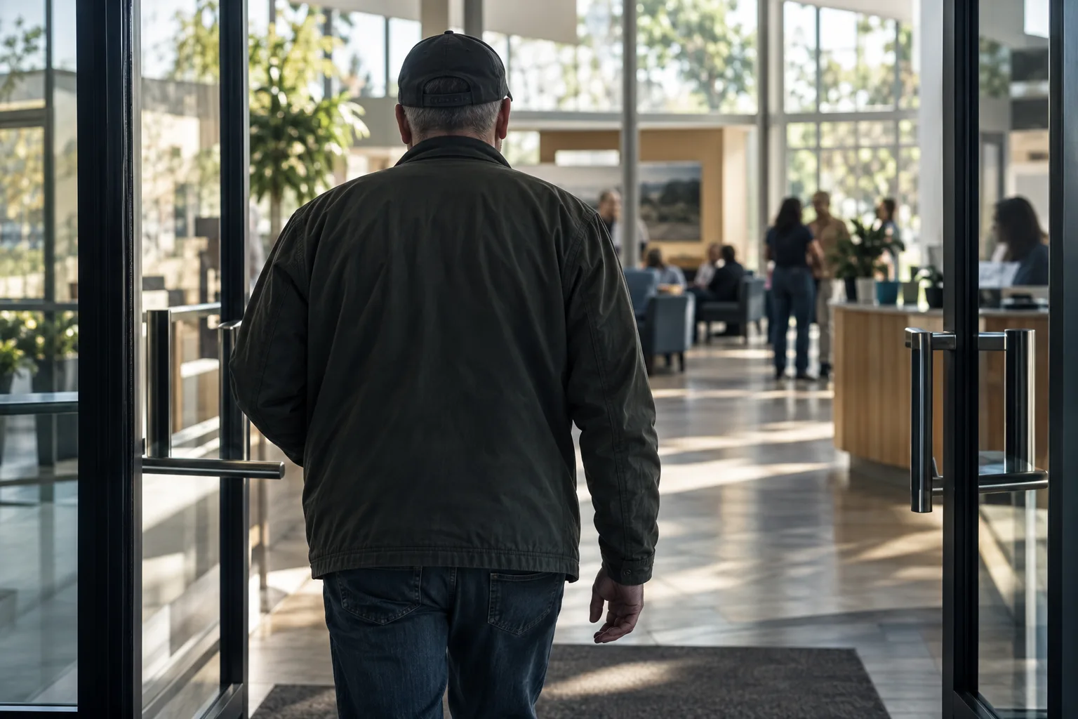 Veteran seen from behind entering a bright community resource center