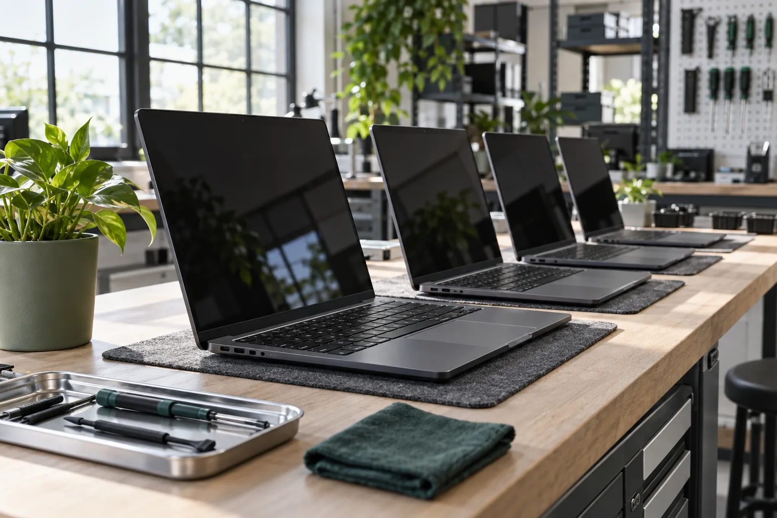 Refurbished laptops on a workbench ready for distribution