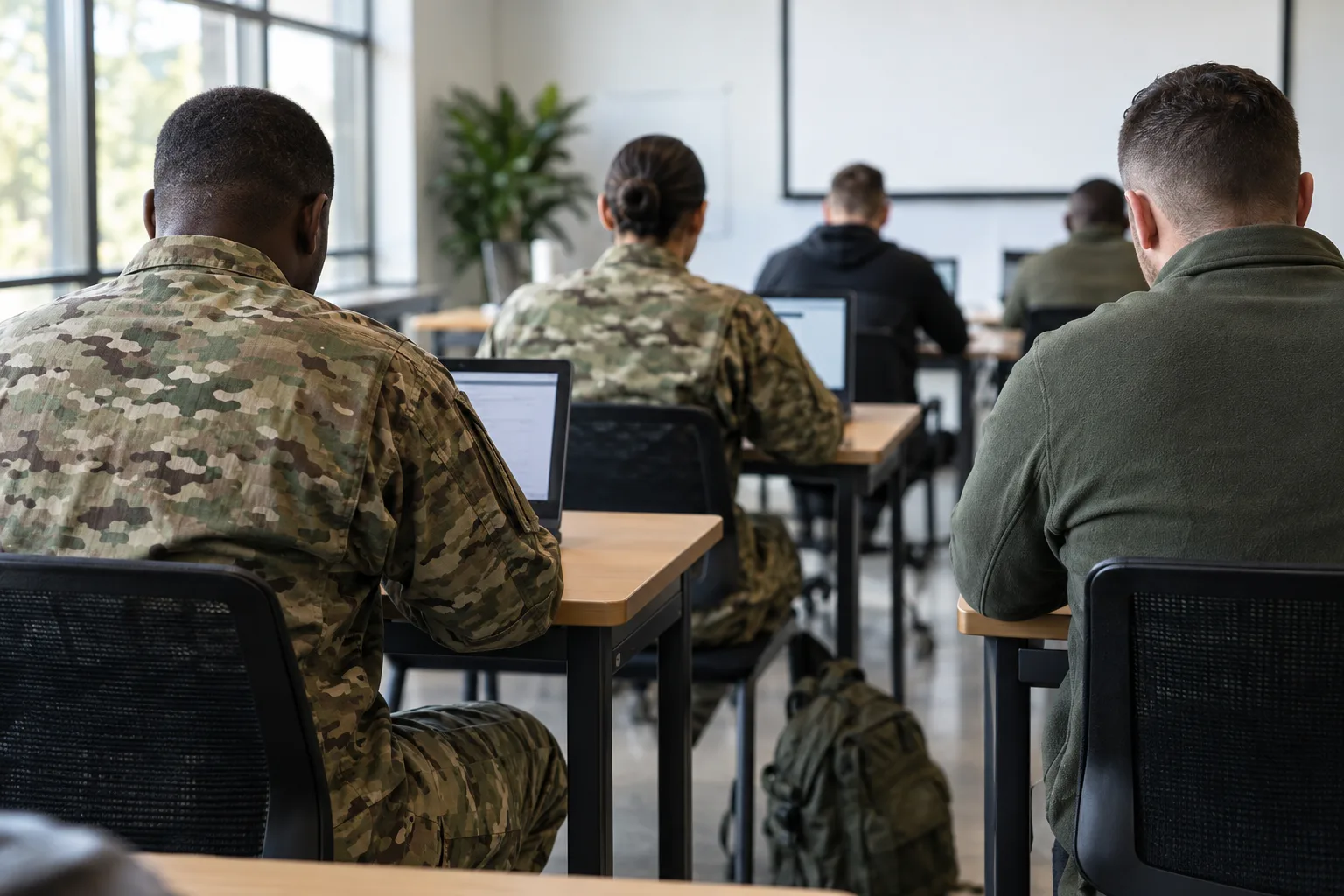 Learners seen from behind at laptops in a modern classroom