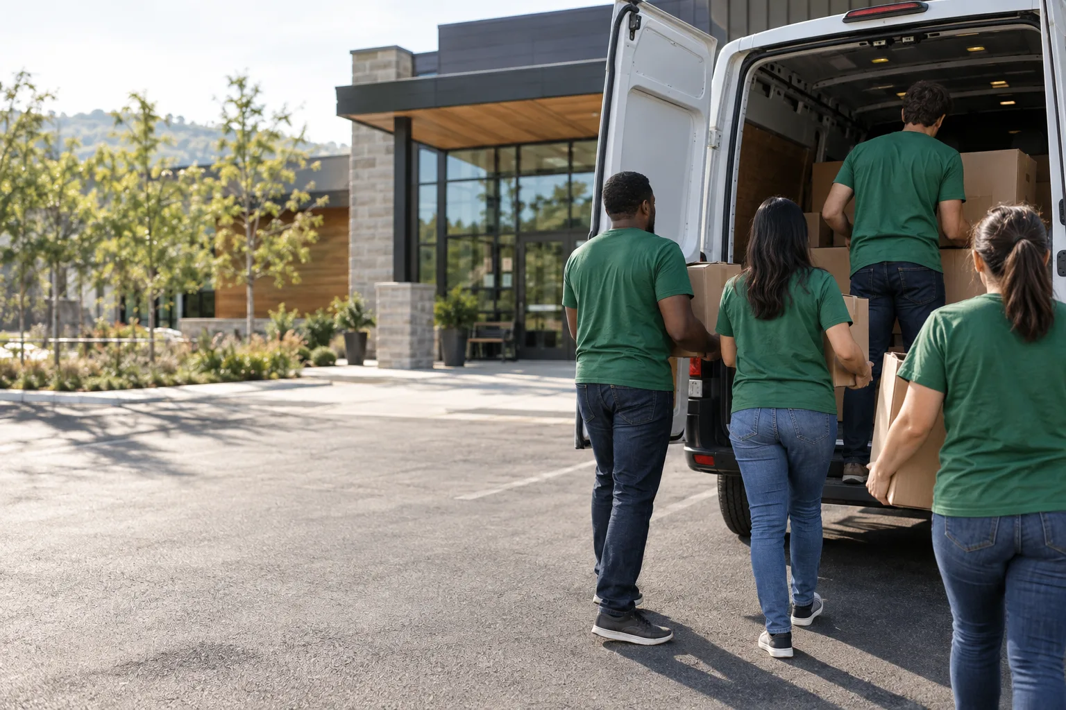Volunteers in matching shirts seen from behind loading boxes into a van