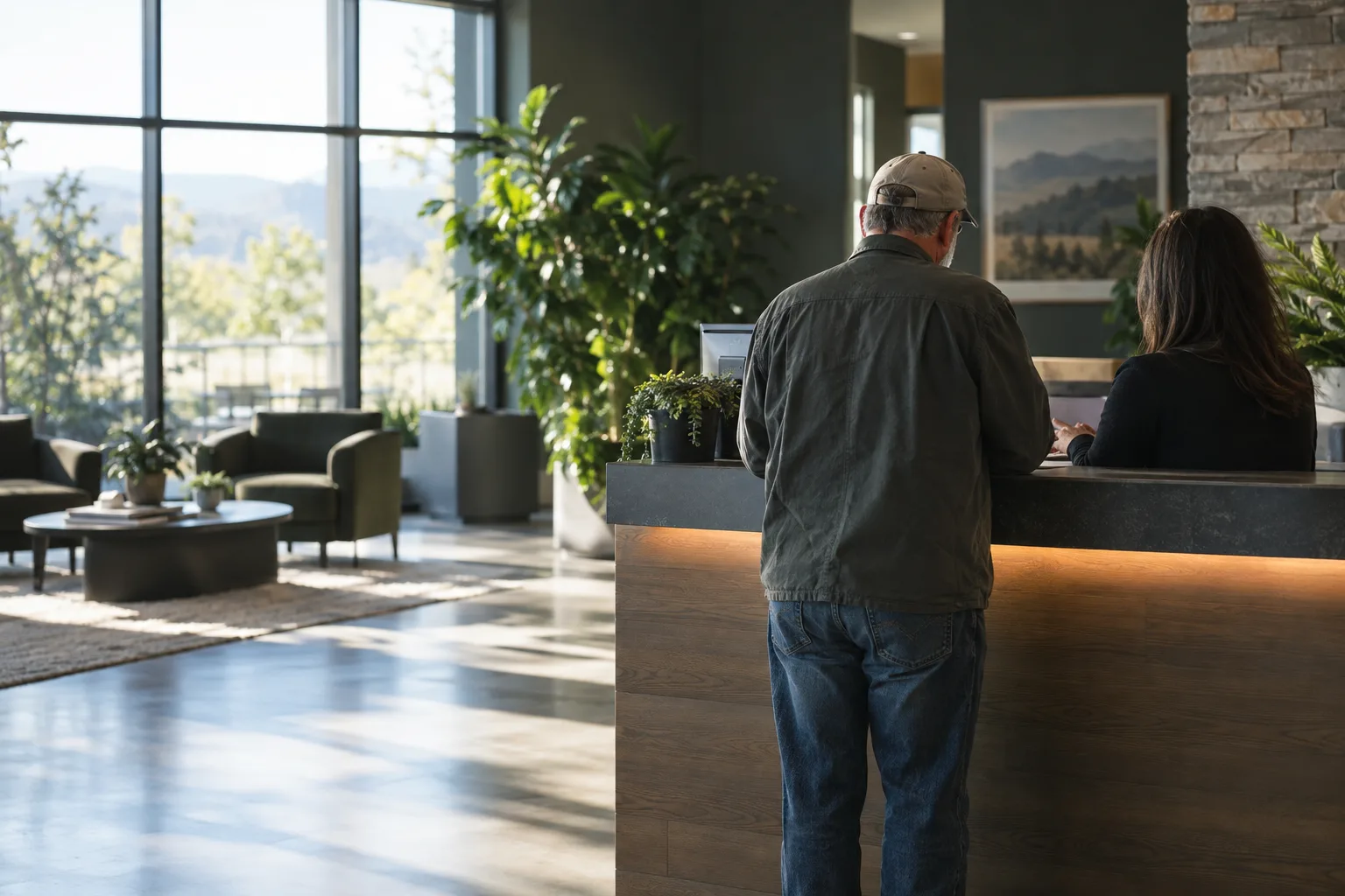 Veteran seen from behind talking with staff at a welcoming resource center desk