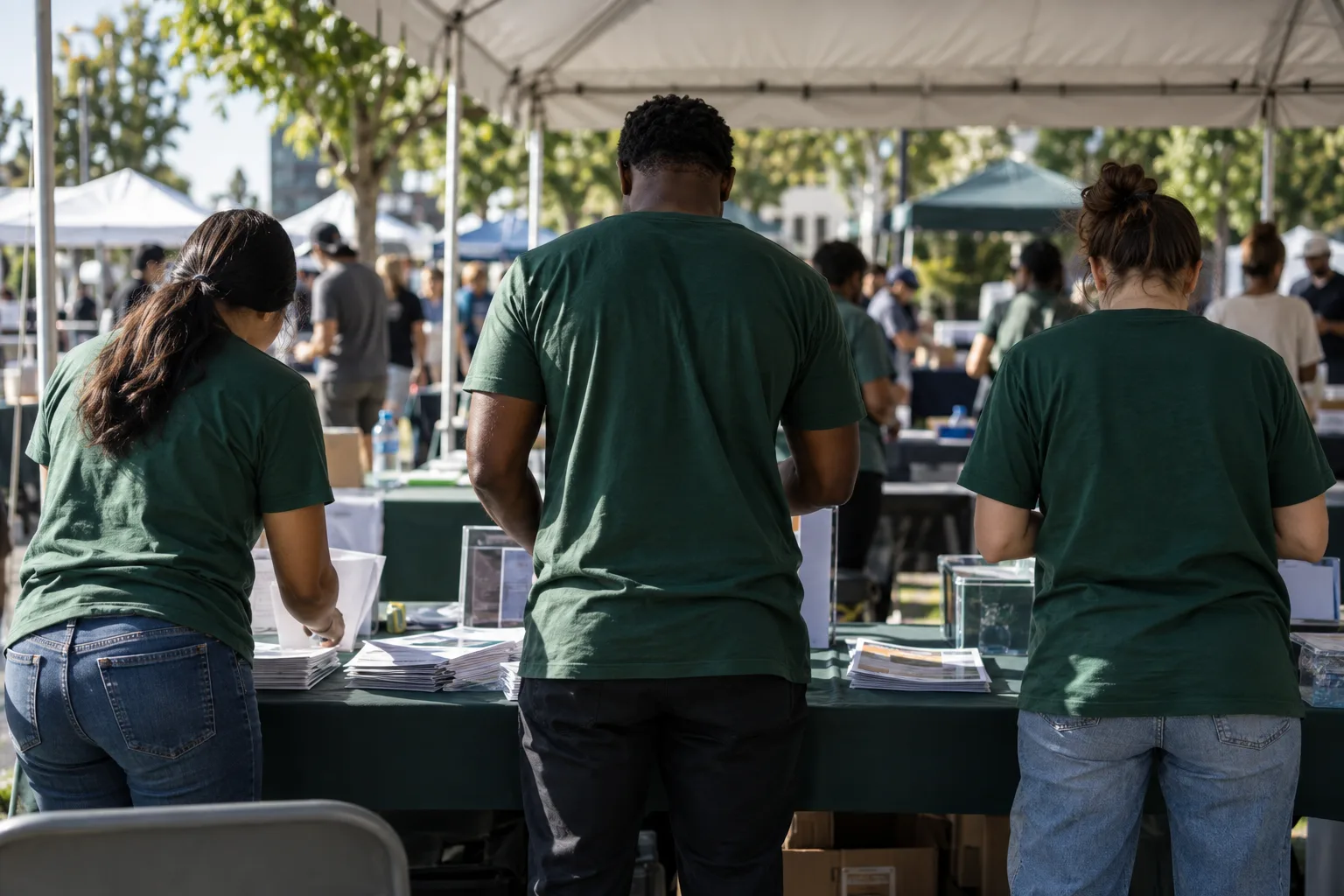 Volunteers seen from behind at an outdoor community event tent