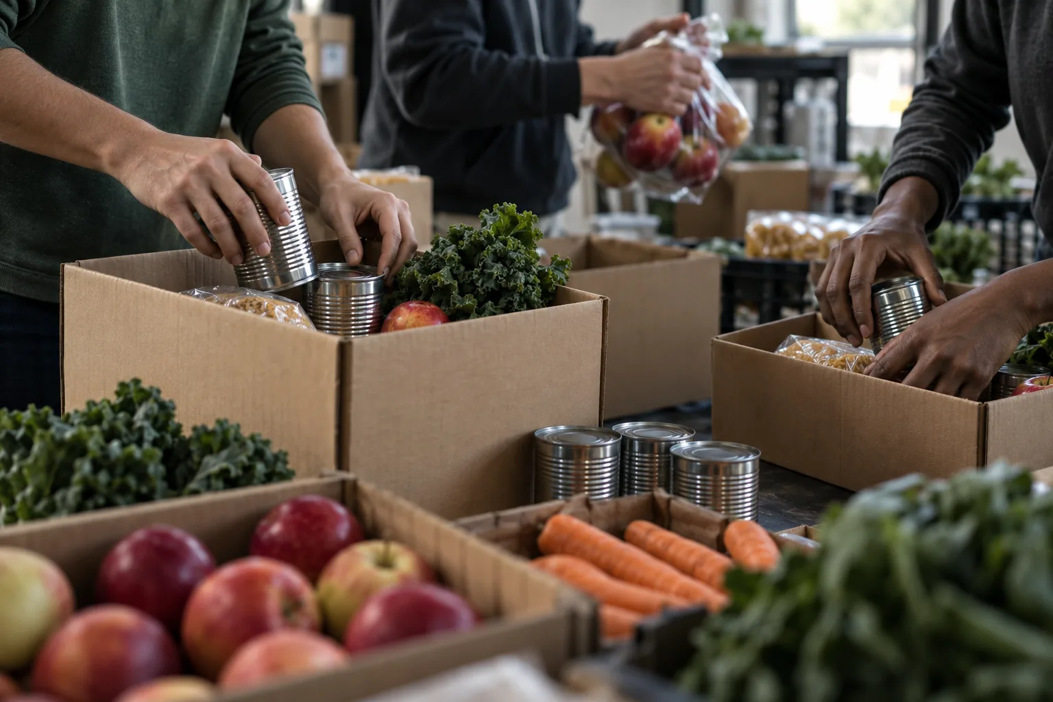 Volunteers' hands packing food boxes at a community pantry
