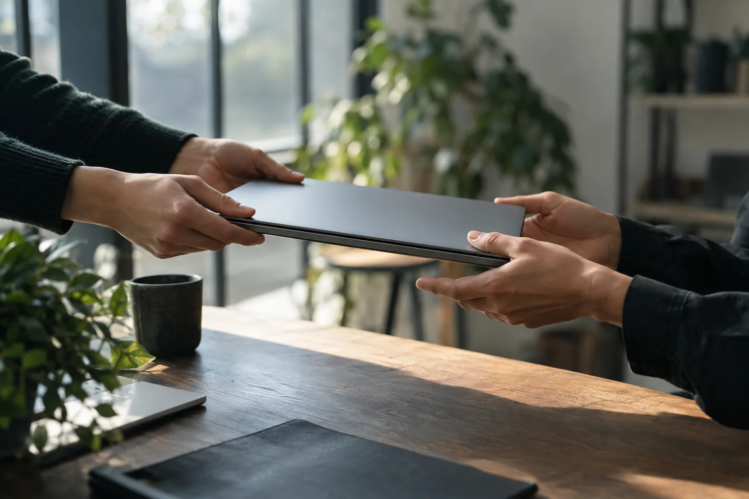 A refurbished laptop being handed across a table