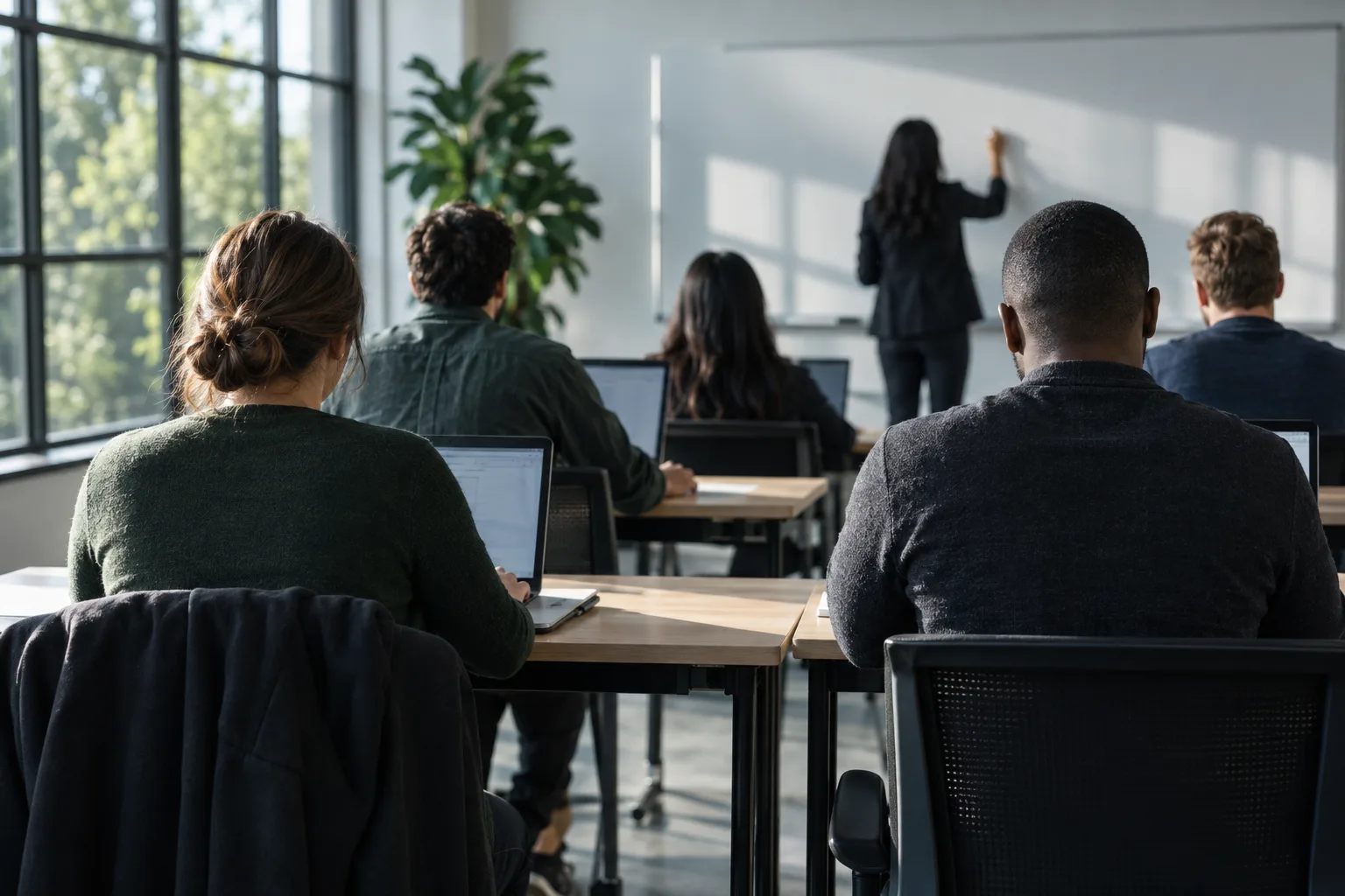 Adult learners seen from behind working at laptops in a bright classroom