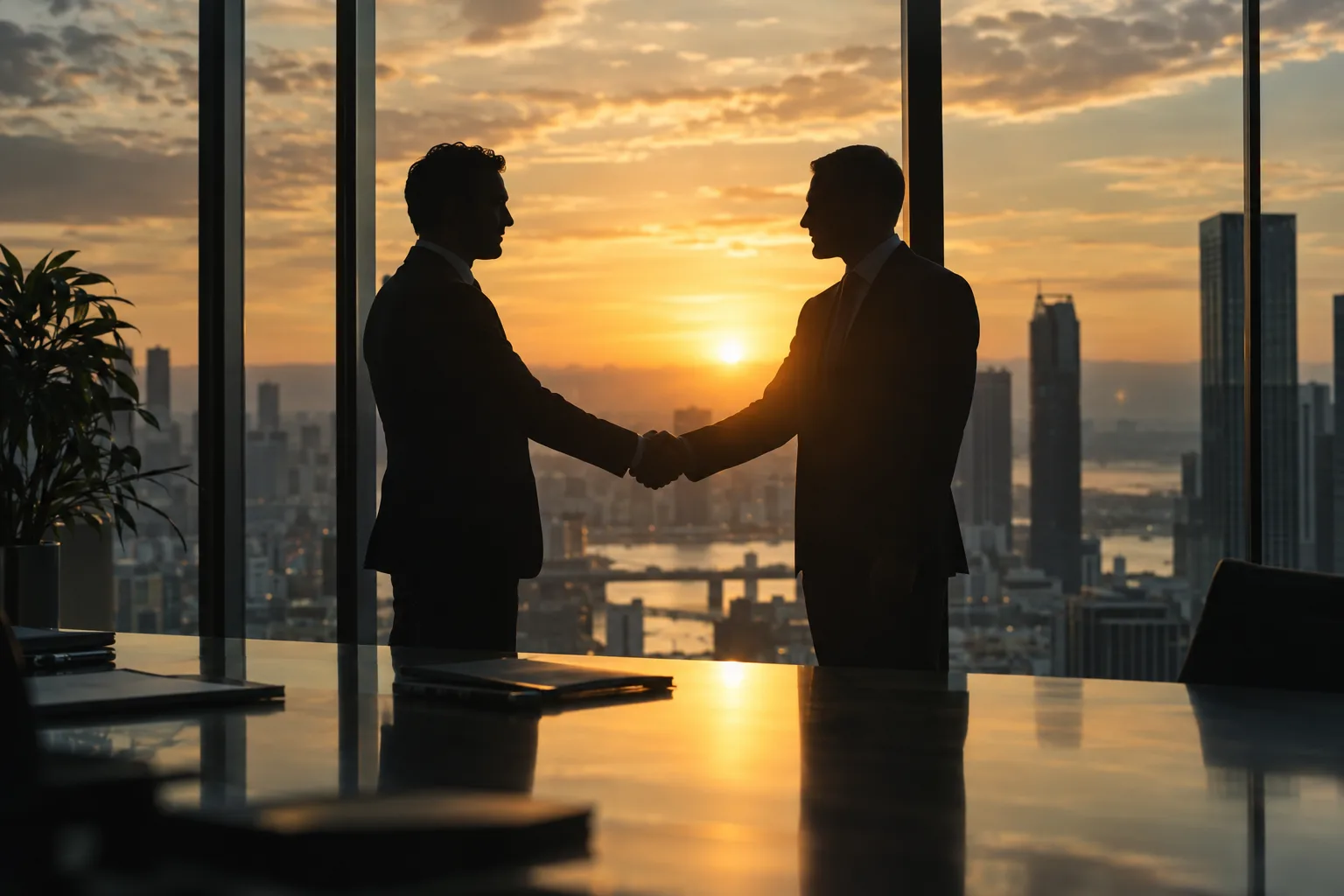 Two people shaking hands in silhouette in front of an office window